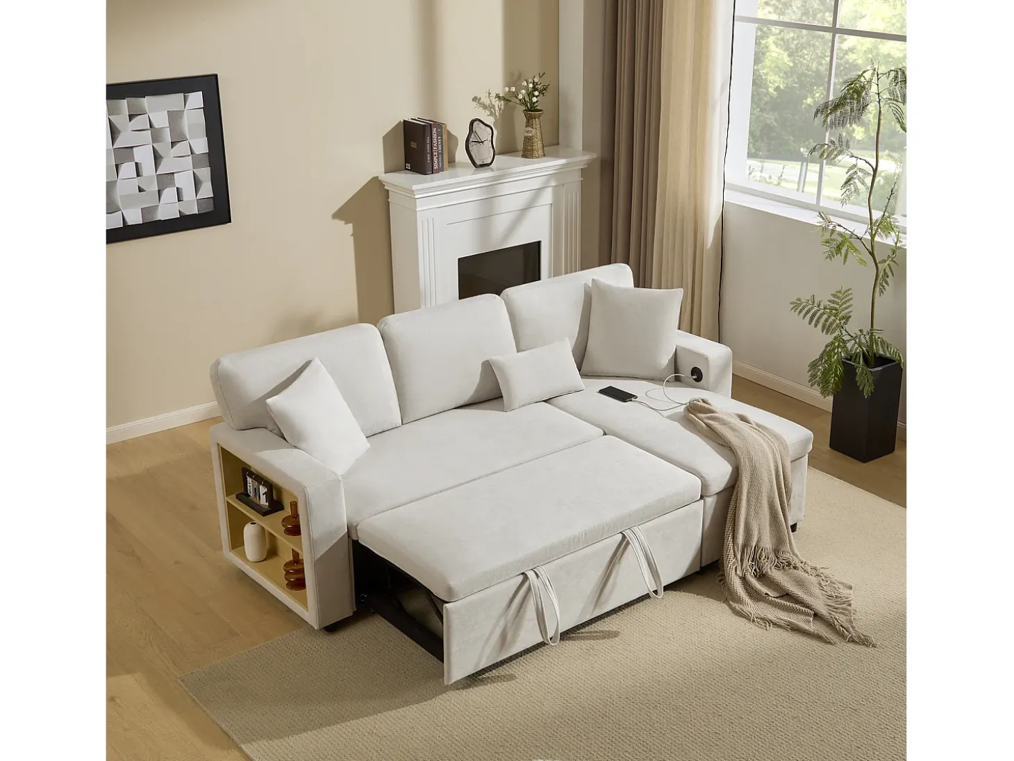 Sofá-cama 215x133x85 cm - com porta USB - com armazenamento - com função de cama - Bege