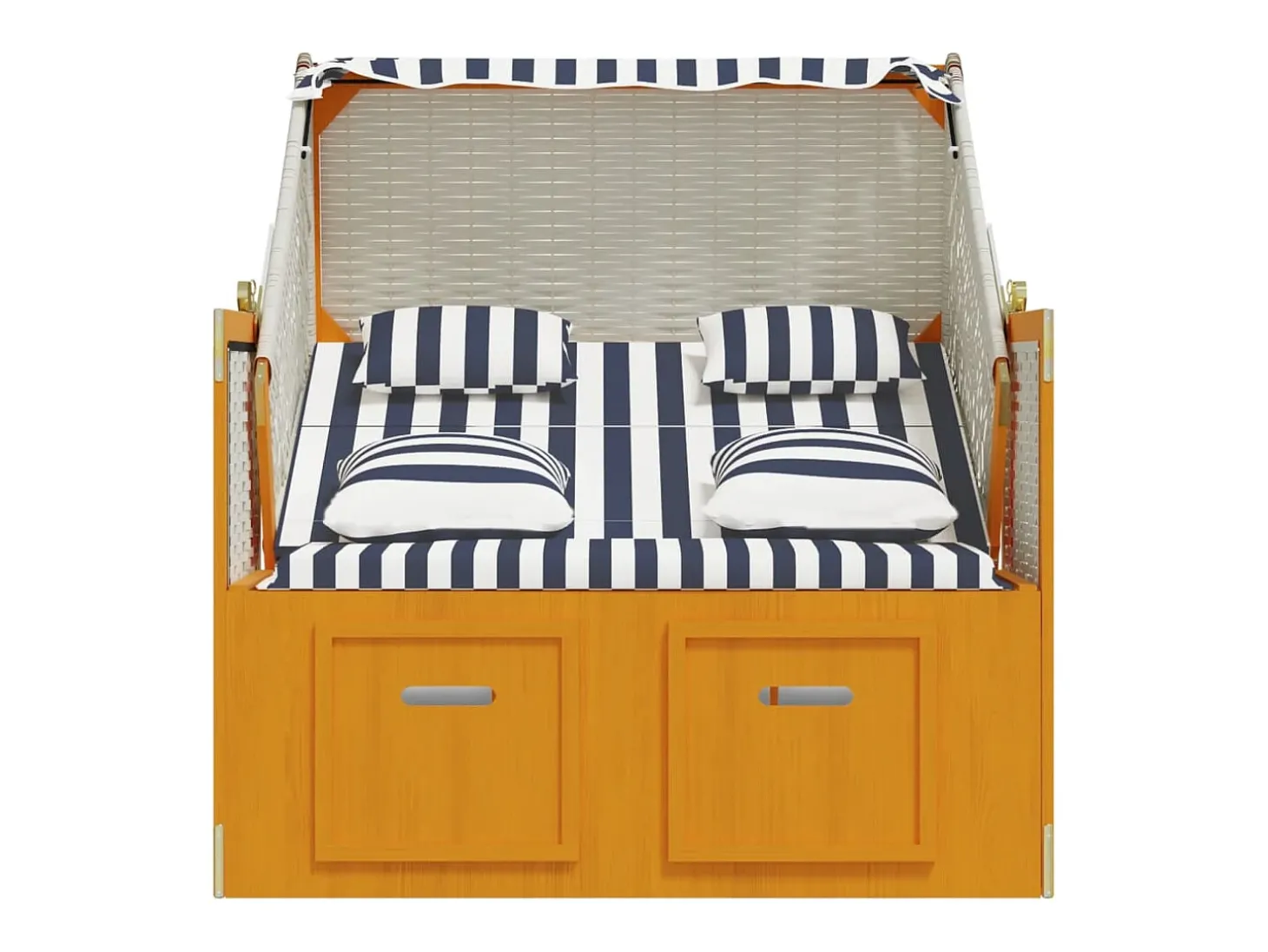 Strandkorb com almofadões vime PE e madeira maciça branco/azul