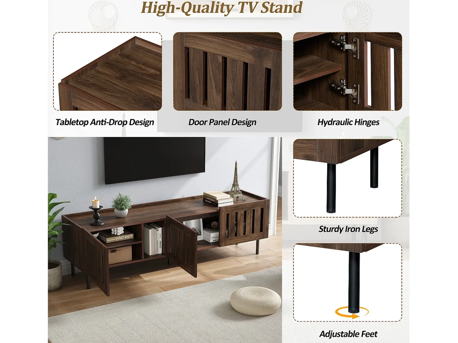 Suporte baixo para TV, 160×40×47 cm, cor nogueira, design vazado, em MDF, para TVs de até 65 polegadas, para sala de estar.