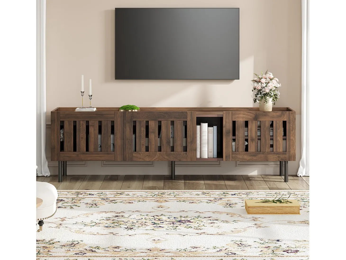 Suporte baixo para TV, 160×40×47 cm, cor nogueira, design vazado, em MDF, para TVs de até 65 polegadas, para sala de estar.