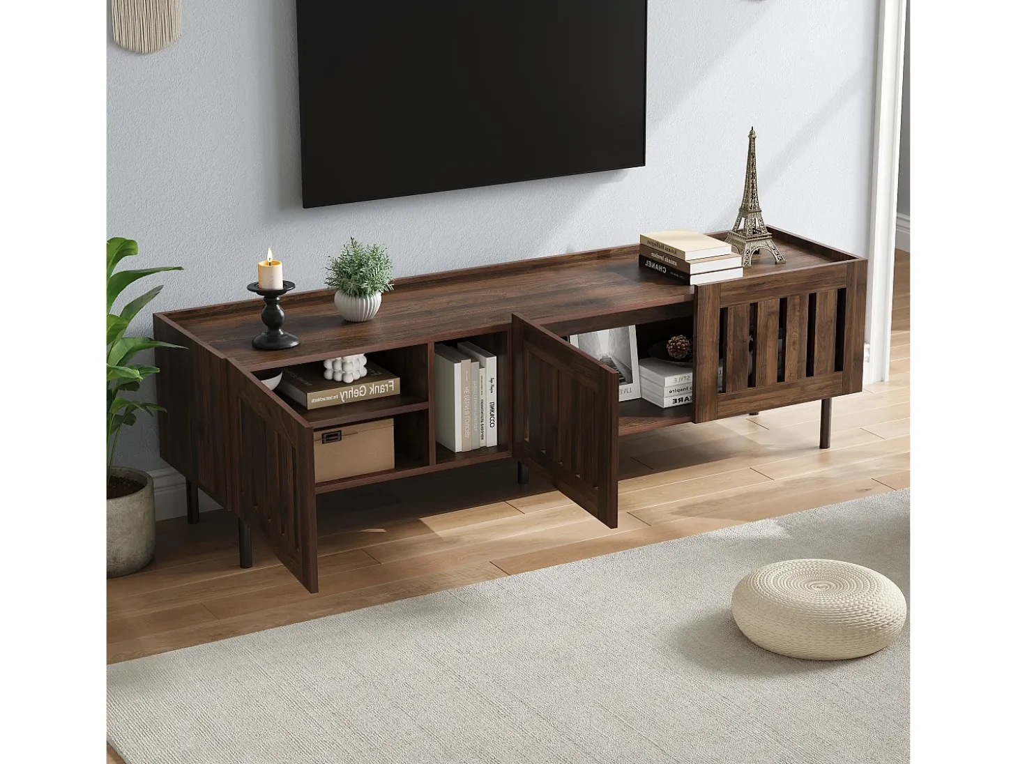 Suporte baixo para TV, 160×40×47 cm, cor nogueira, design vazado, em MDF, para TVs de até 65 polegadas, para sala de estar.
