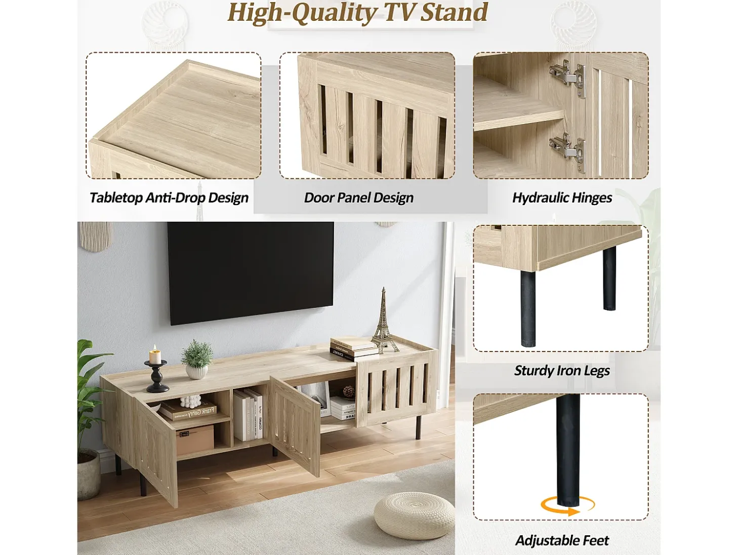 Suporte baixo para TV, 160×40×47 cm, cor natural, design vazado, em MDF, para TVs de até 65 polegadas, para sala de estar.