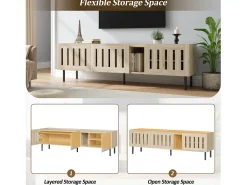 Suporte baixo para TV, 160×40×47 cm, cor natural, design vazado, em MDF, para TVs de até 65 polegadas, para sala de estar.