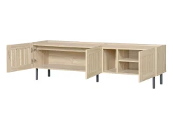 Suporte baixo para TV, 160×40×47 cm, cor natural, design vazado, em MDF, para TVs de até 65 polegadas, para sala de estar.