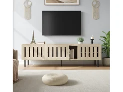 Suporte baixo para TV, 160×40×47 cm, cor natural, design vazado, em MDF, para TVs de até 65 polegadas, para sala de estar.