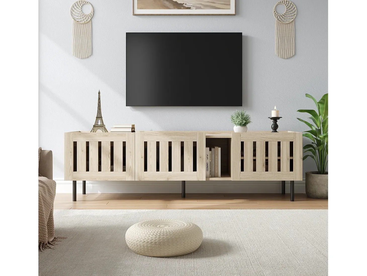Suporte baixo para TV, 160×40×47 cm, cor natural, design vazado, em MDF, para TVs de até 65 polegadas, para sala de estar.