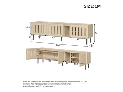 Suporte baixo para TV, 160×40×47 cm, cor natural, design vazado, em MDF, para TVs de até 65 polegadas, para sala de estar.