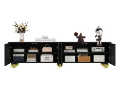 Suporte baixo para TV com portas texturizadas - 170 x 38 x 44 cm - com pés redondos dourados - aglomerado - preto