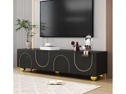 Suporte baixo para TV com portas texturizadas - 170 x 38 x 44 cm - com pés redondos dourados - aglomerado - preto