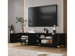 Suporte baixo para TV com portas texturizadas - 170 x 38 x 44 cm - com pés redondos dourados - aglomerado - preto