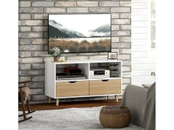 Suporte baixo para TV com pés, estilo escandinavo, 2 gavetas, acabamento em carvalho claro e branco.