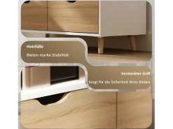 Suporte baixo para TV com pés, estilo escandinavo, 2 gavetas, acabamento em carvalho claro e branco.