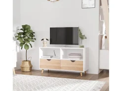 Suporte baixo para TV com pés, estilo escandinavo, 2 gavetas, acabamento em carvalho claro e branco.
