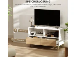 Suporte baixo para TV com pés, estilo escandinavo, 2 gavetas, acabamento em carvalho claro e branco.