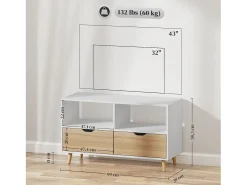 Suporte baixo para TV com pés, estilo escandinavo, 2 gavetas, acabamento em carvalho claro e branco.