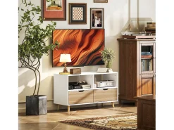 Suporte baixo para TV com pés, estilo escandinavo, 2 gavetas, acabamento em carvalho claro e branco.