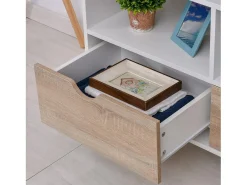Suporte baixo para TV com pés, estilo escandinavo, 2 gavetas, acabamento em carvalho claro e branco.
