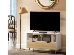 Suporte baixo para TV com pés, estilo escandinavo, 2 gavetas, acabamento em carvalho claro e branco.