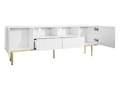 Suporte baixo para TV com 2 gavetas e 2 portas, unidade de armazenamento com pés e detalhes dourados, banco de TV branco