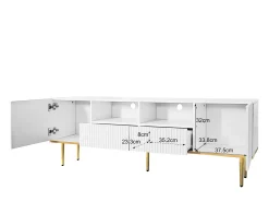 Suporte baixo para TV com 2 gavetas e 2 portas, unidade de armazenamento com pés e detalhes dourados, banco de TV branco
