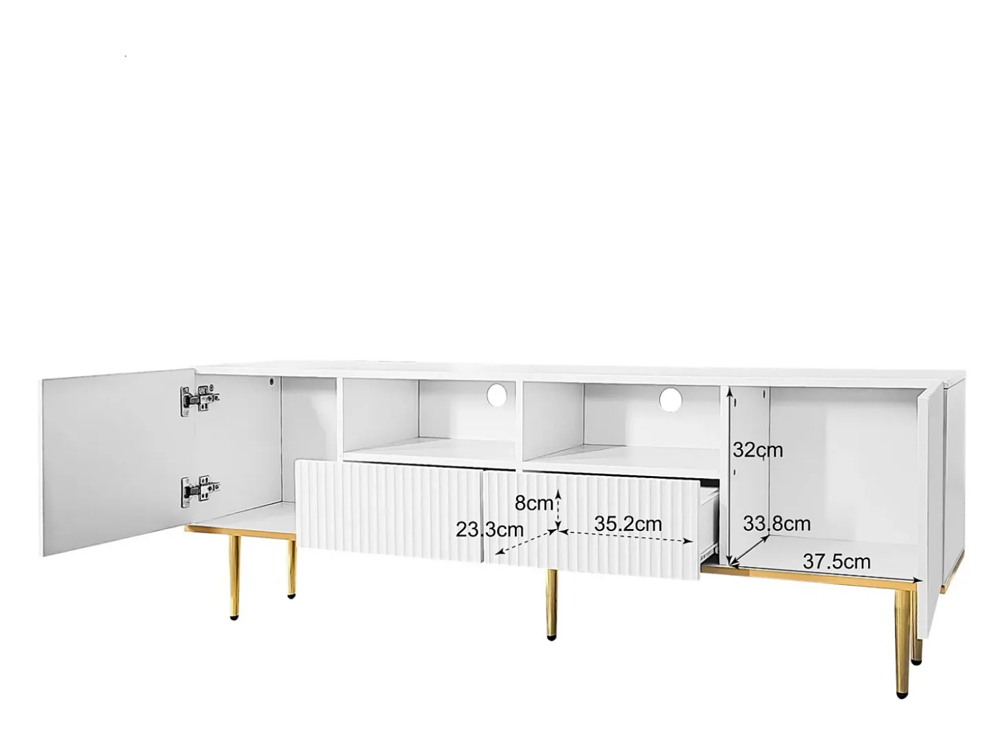 Suporte baixo para TV com 2 gavetas e 2 portas, unidade de armazenamento com pés e detalhes dourados, banco de TV branco
