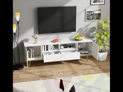 Suporte baixo para TV com 2 gavetas e 2 portas, unidade de armazenamento com pés e detalhes dourados, banco de TV branco