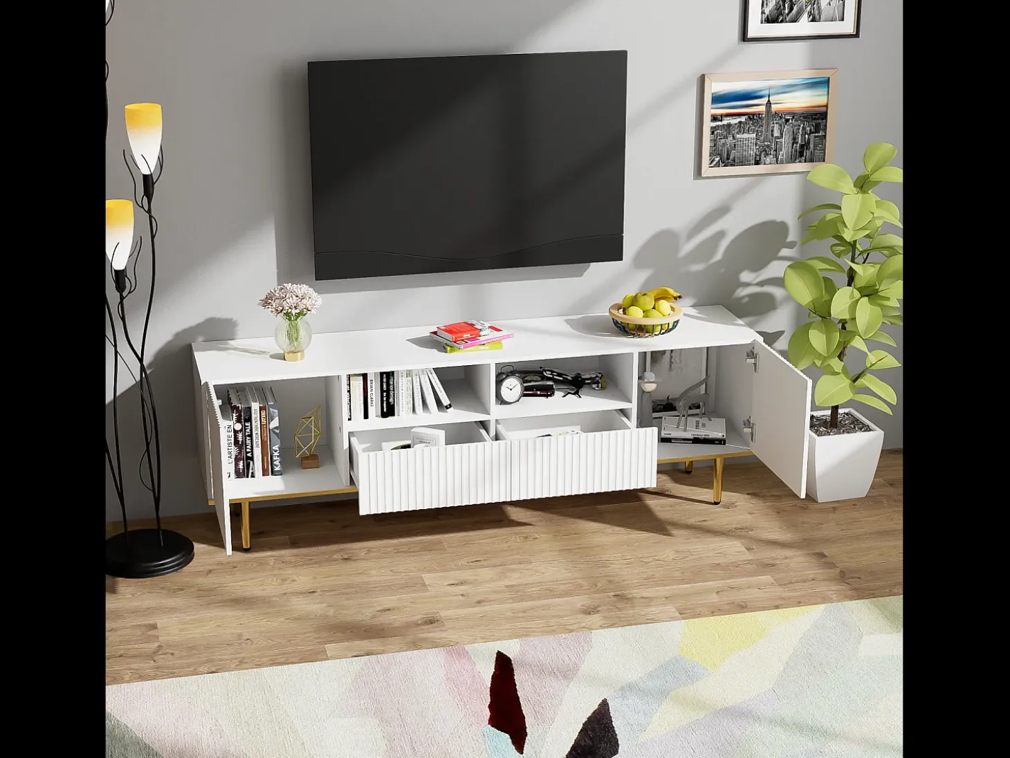 Suporte baixo para TV com 2 gavetas e 2 portas, unidade de armazenamento com pés e detalhes dourados, banco de TV branco