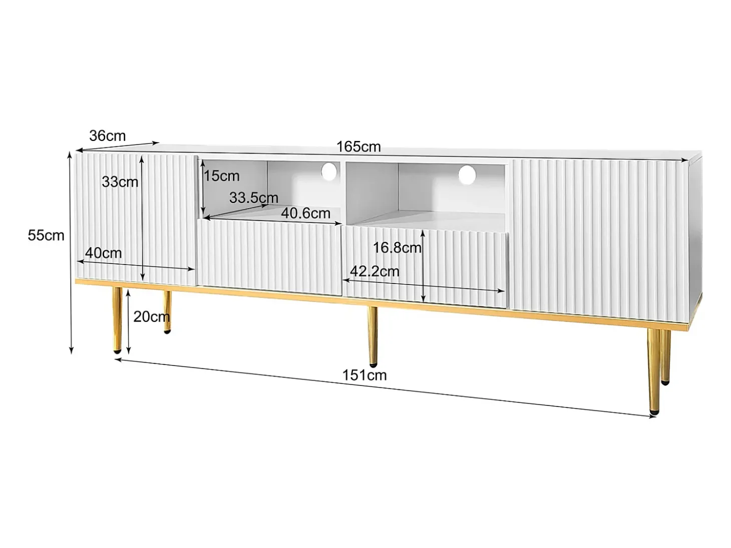 Suporte baixo para TV com 2 gavetas e 2 portas, unidade de armazenamento com pés e detalhes dourados, banco de TV branco