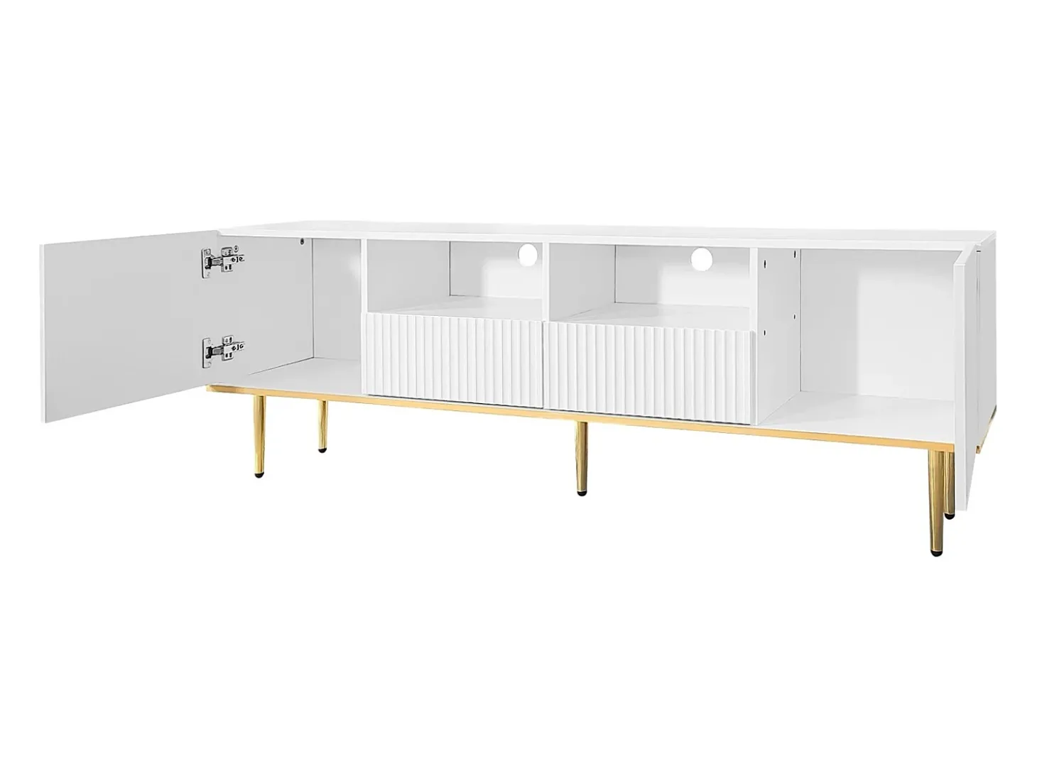 Suporte baixo para TV com 2 gavetas e 2 portas, unidade de armazenamento com pés e detalhes dourados, banco de TV branco