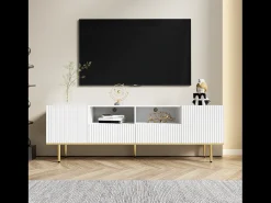Suporte baixo para TV com 2 gavetas e 2 portas, unidade de armazenamento com pés e detalhes dourados, banco de TV branco