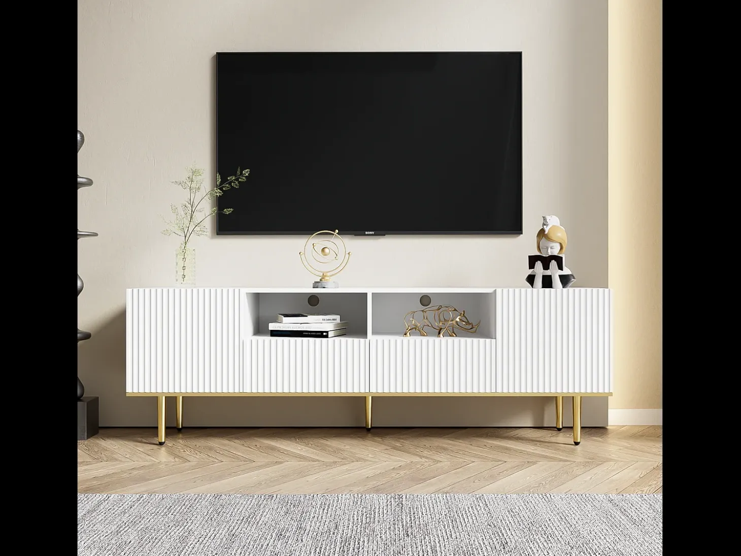 Suporte baixo para TV com 2 gavetas e 2 portas, unidade de armazenamento com pés e detalhes dourados, banco de TV branco
