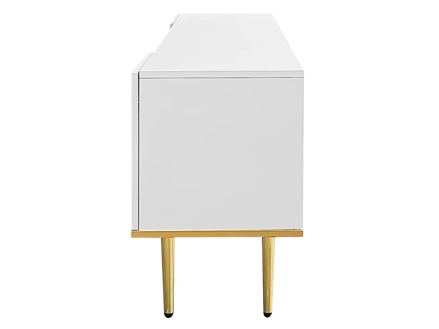 Suporte baixo para TV com 2 gavetas e 2 portas, unidade de armazenamento com pés e detalhes dourados, banco de TV branco