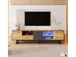 Suporte baixo para TV, suporte para TV LED de 190 cm, com divisória de vidro, compartimentos e gaveta, acabamento em madeira industrial.