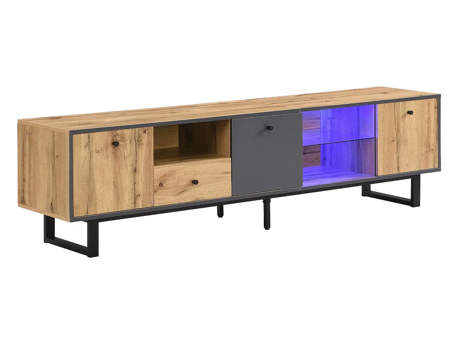 Suporte baixo para TV, suporte para TV LED de 190 cm, com divisória de vidro, compartimentos e gaveta, acabamento em madeira industrial.