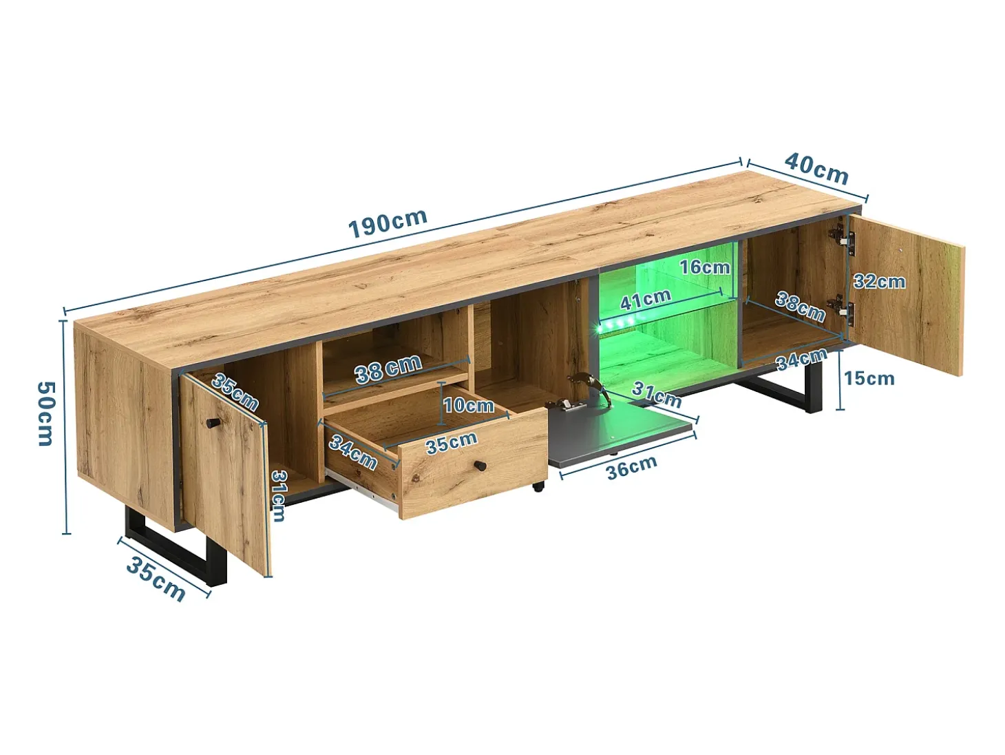 Suporte baixo para TV, suporte para TV LED de 190 cm, com divisória de vidro, compartimentos e gaveta, acabamento em madeira industrial.
