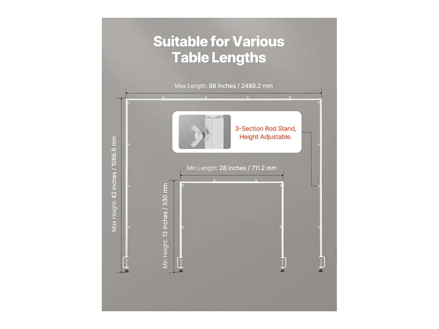 Suporte de Haste de Mesa SucceBuy com Pinças, Suporte de Arco de Mesa, Altura Ajustável 33-106.7 cm Comprimento Ajustável 71.1-249 cm, Quadro de Arco de Metal
