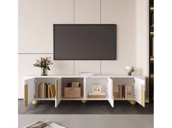 Suporte de TV - 180 x 40 x 44 cm - com 4 portas - pés esféricos - Aglomerado + MDF - branco