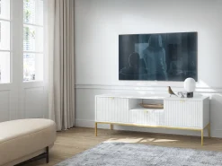 Suporte de TV 2 portas e 1 gaveta com pés de metal dourado, 154x56 cm