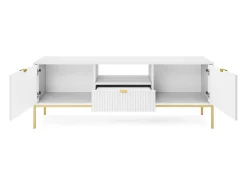 Suporte de TV 2 portas e 1 gaveta com pés de metal dourado, 154x56 cm