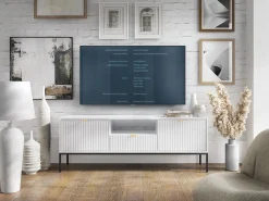 Suporte de TV 2 portas e 1 gaveta com pés de metal preto, 154x56 cm
