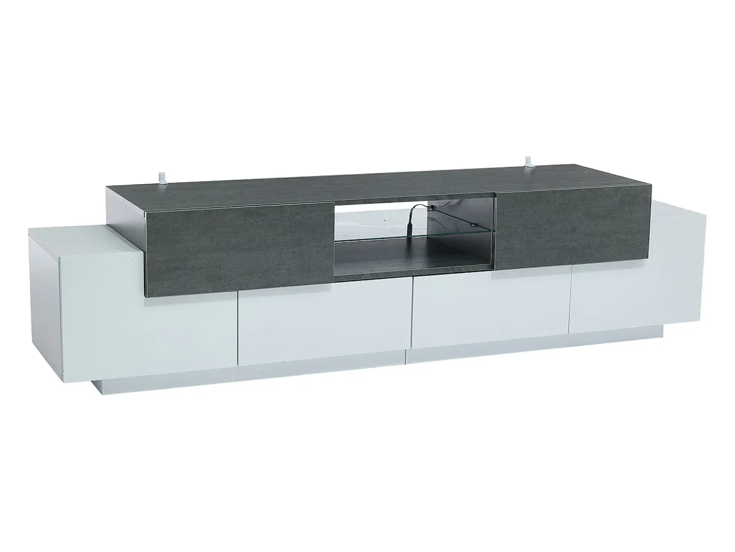 Suporte de TV branco - Suporte de TV com 4 portas e 2 gavetas - com iluminação LED e prateleiras em vidro - para sala de estar e quarto