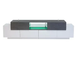 Suporte de TV branco - Suporte de TV com 4 portas e 2 gavetas - com iluminação LED e prateleiras em vidro - para sala de estar e quarto