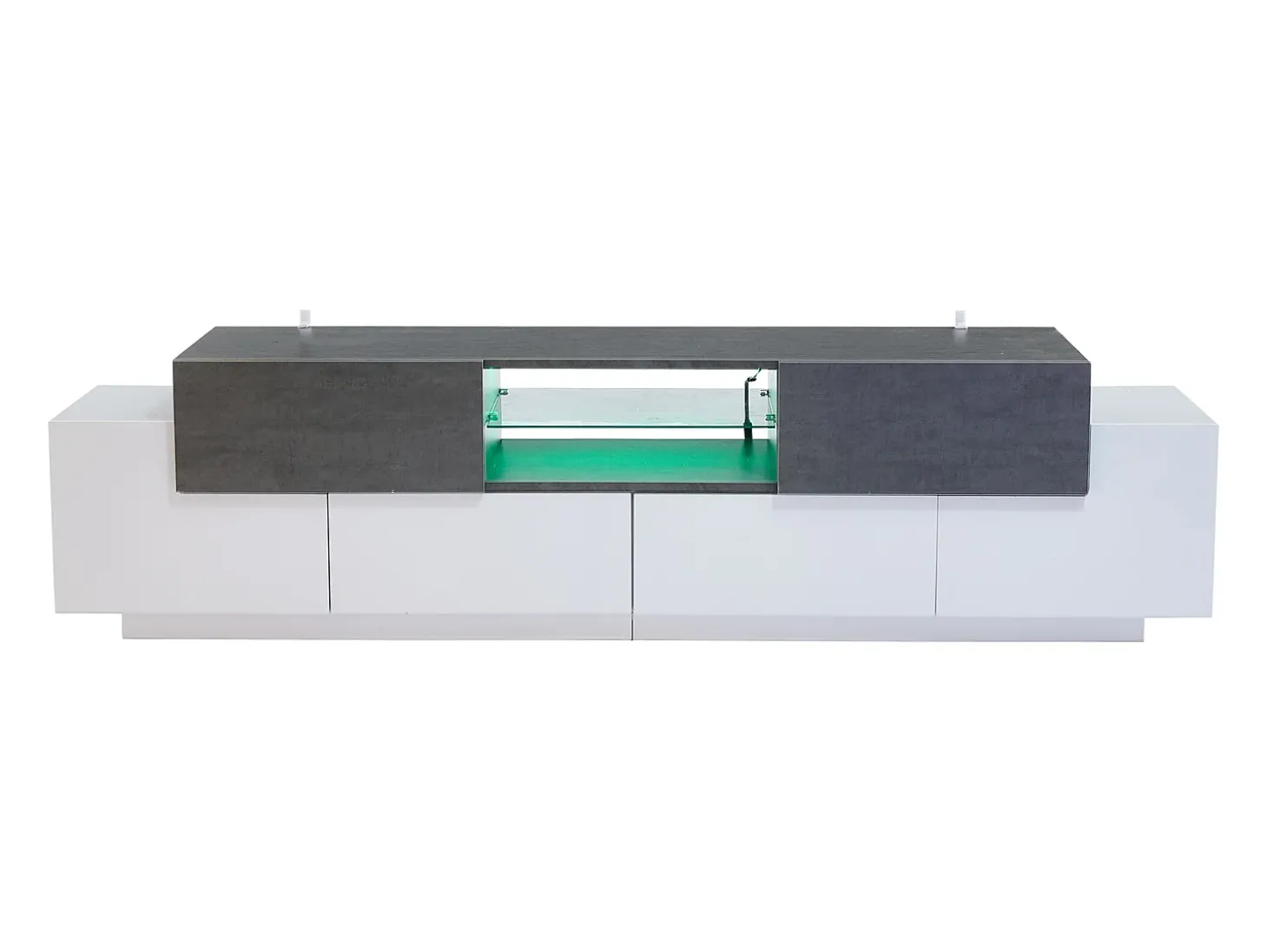 Suporte de TV branco - Suporte de TV com 4 portas e 2 gavetas - com iluminação LED e prateleiras em vidro - para sala de estar e quarto