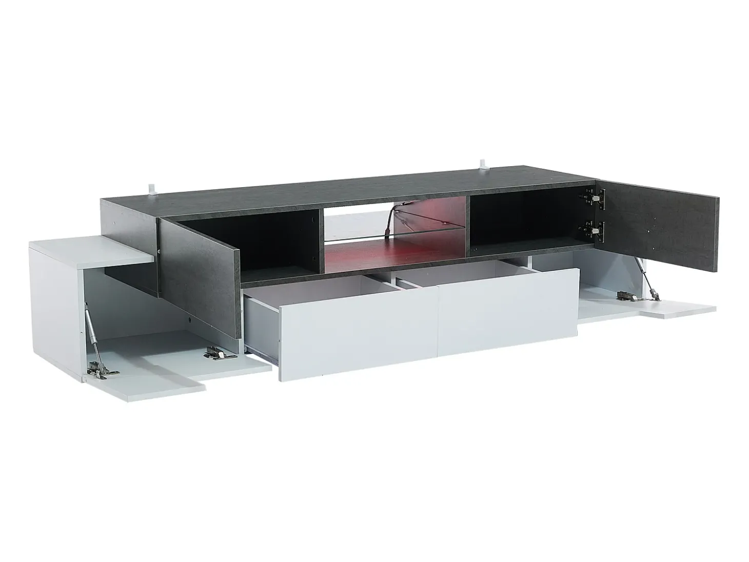 Suporte de TV branco - Suporte de TV com 4 portas e 2 gavetas - com iluminação LED e prateleiras em vidro - para sala de estar e quarto