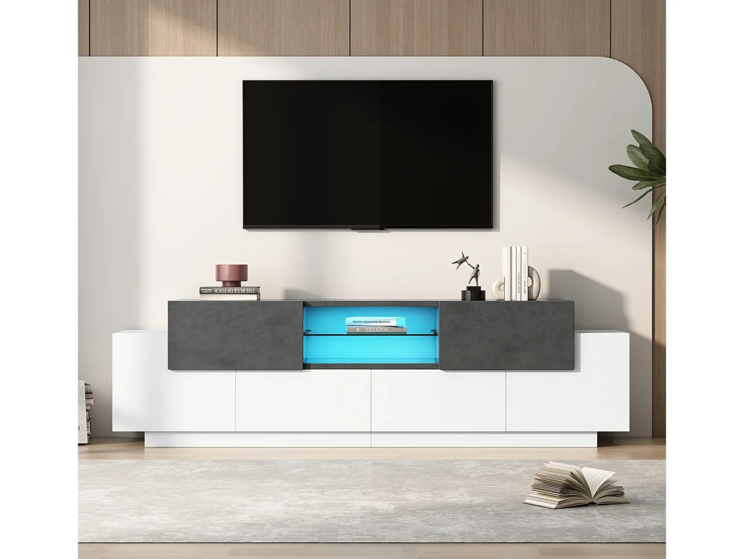 Suporte de TV branco - Suporte de TV com 4 portas e 2 gavetas - com iluminação LED e prateleiras em vidro - para sala de estar e quarto