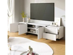 Suporte de TV branco com vários compartimentos de armazenamento, design vertical moderno fosco, linhas pretas, 190 x 35 x 45 cm, branco