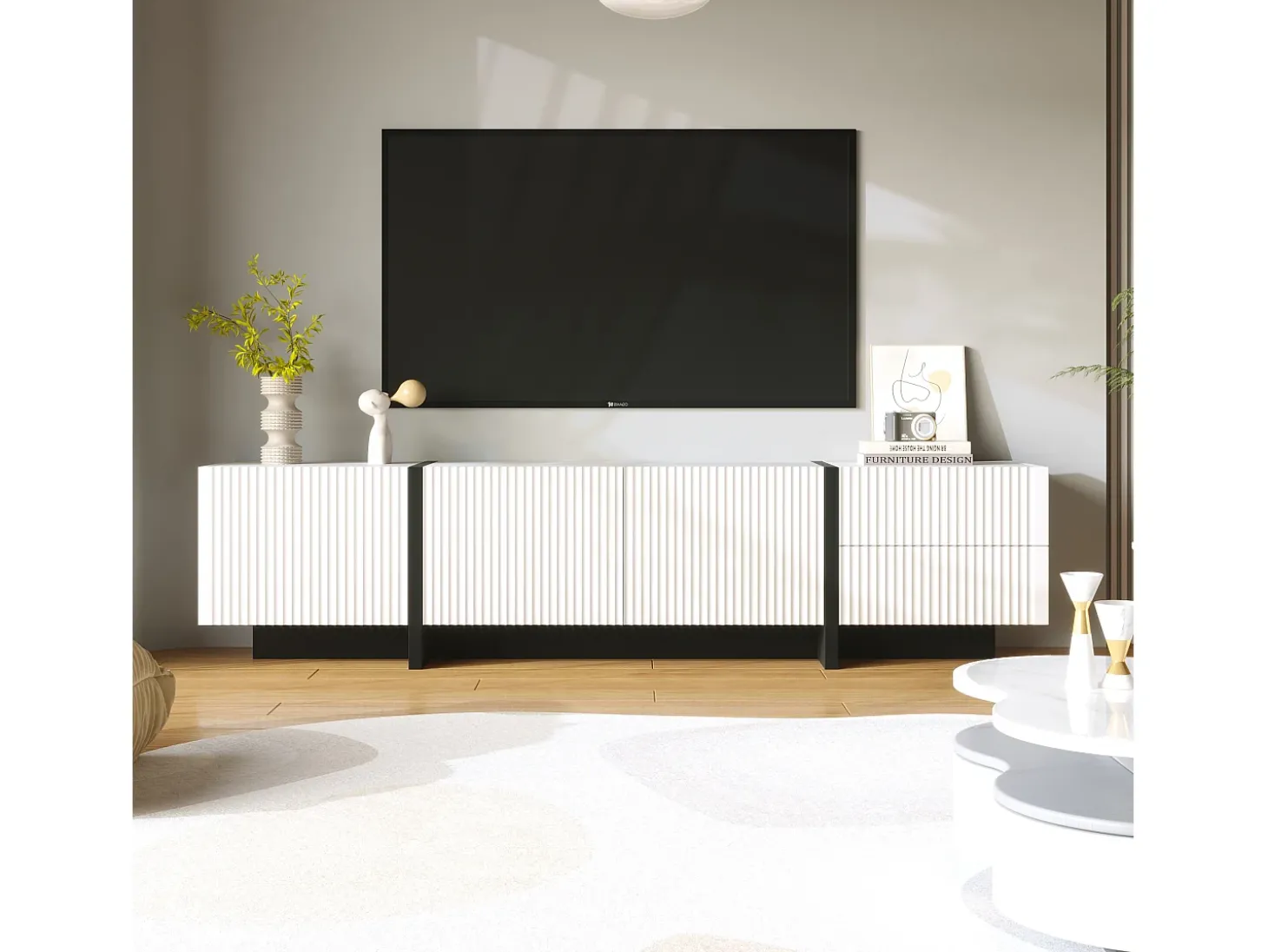 Suporte de TV branco com vários compartimentos de armazenamento, design vertical moderno fosco, linhas pretas, 190 x 35 x 45 cm, branco