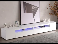 Suporte de TV branco com iluminação LED e 4 portas - Madeira MDF