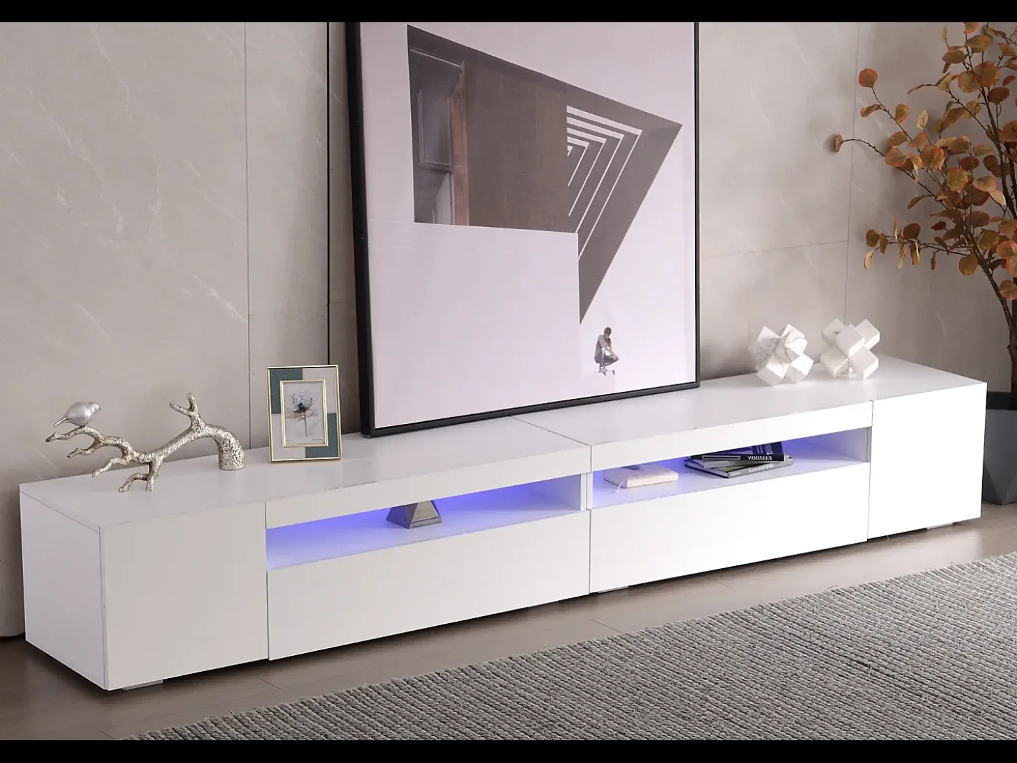 Suporte de TV branco com iluminação LED e 4 portas - Madeira MDF
