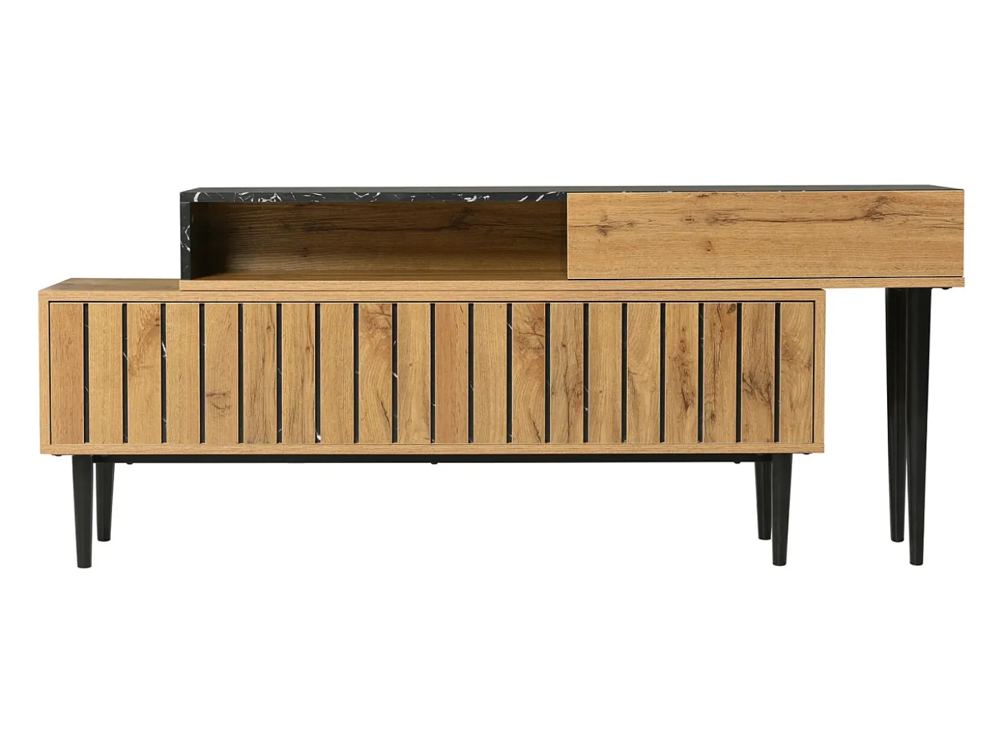 Suporte de TV com design em mármore e veios de madeira, pés de ferro, 180 x 36,5 x 58 cm, madeira escura
